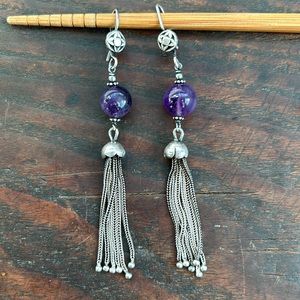 Sterling silver and purple amethyst dangling tassels earrings